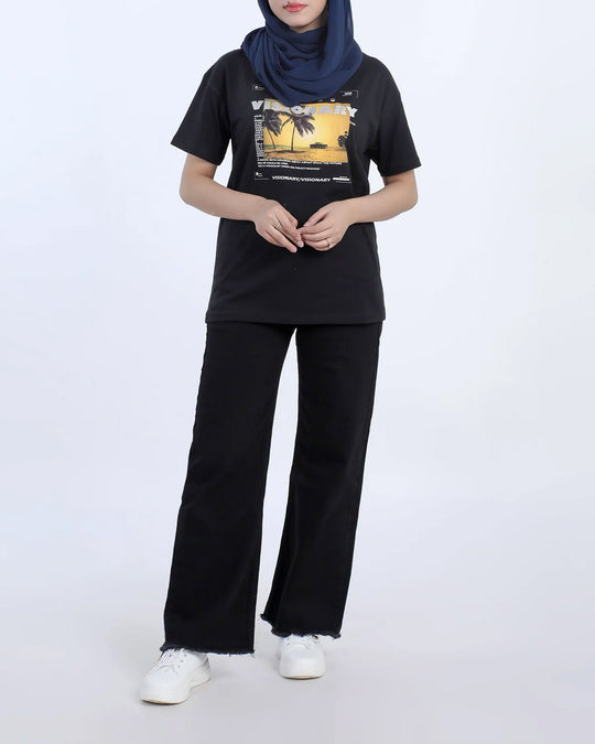 Eminent Women's Half Sleeves Printed T-Shirt - Black