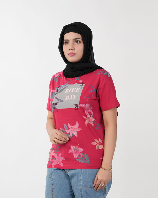 Eminent Women's Half Sleeves Printed T-Shirt - Red