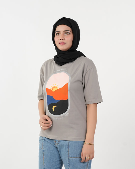 Eminent Women's Half Sleeves Printed T-Shirt - Frost Grey