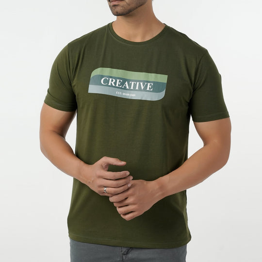 Eminent Men's Round Neck Half Sleeves Printed T-Shirt - Olive Green, Men's T-Shirts & Polos, Eminent, Chase Value