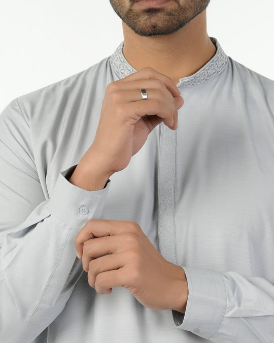 Eminent Men's Embroidered Kurta Shalwar Suit - Silver, Men's Shalwar Kameez, Eminent, Chase Value