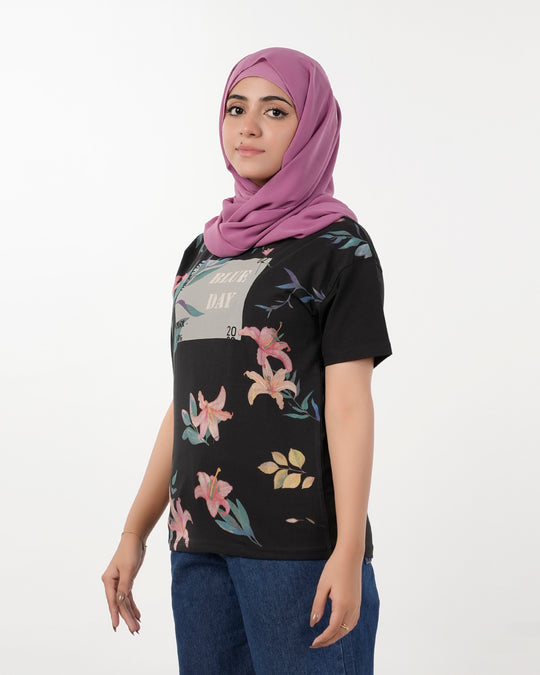 Eminent Women's Half Sleeves Printed T-Shirt - Black