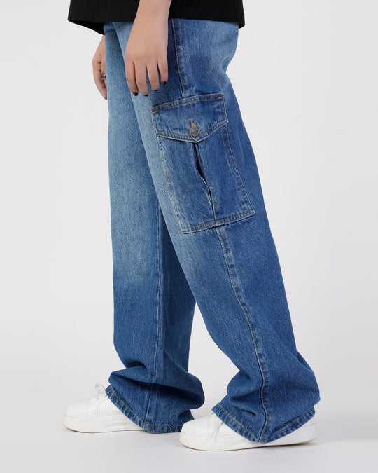 Eminent Women's Straight Cargo Denim Pant - Mid Blue