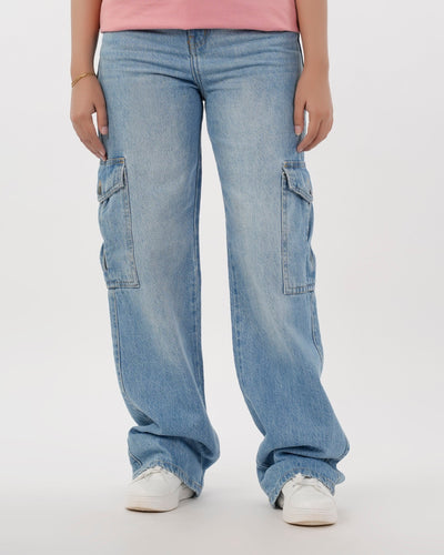Eminent Women's Straight Cargo Denim Pant - Light Blue