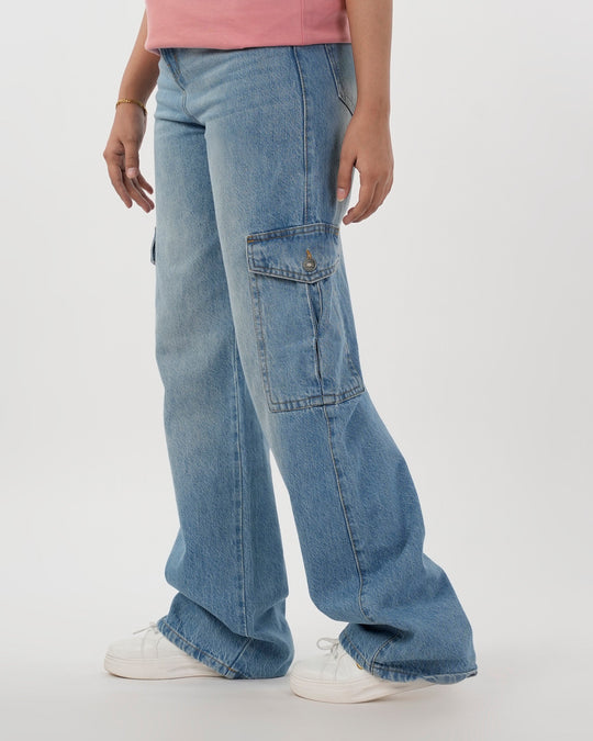 Eminent Women's Straight Cargo Denim Pant - Light Blue