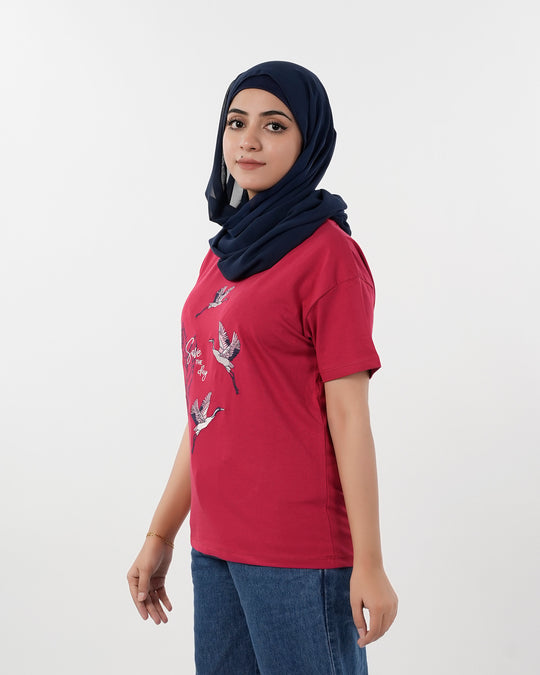 Eminent Women Printed Half Sleeves T-Shirt - Samba Red