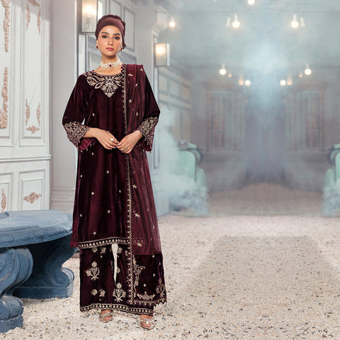Eminent Women's Velvet Embroidered Unstitched Suit With Embroidered Shawl - Maroon, Women, 3Pcs Shalwar Suit, Eminent, Chase Value