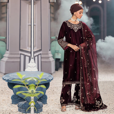 Eminent Women's Velvet Embroidered Unstitched Suit With Embroidered Shawl - Maroon, Women, 3Pcs Shalwar Suit, Eminent, Chase Value