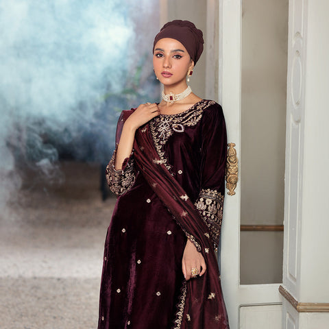 Eminent Women's Velvet Embroidered Unstitched Suit With Embroidered Shawl - Maroon, Women, 3Pcs Shalwar Suit, Eminent, Chase Value