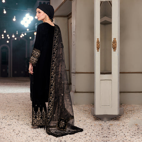 Eminent Women's Velvet Embroidered Unstitched Suit With Embroidered Shawl - Black, Women, 3Pcs Shalwar Suit, Eminent, Chase Value
