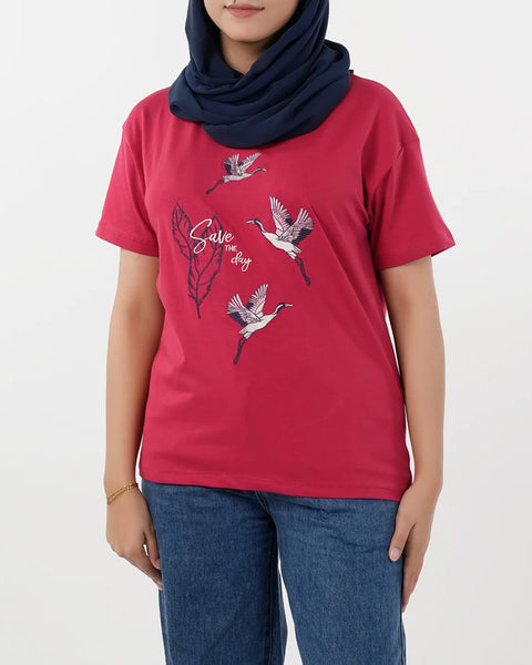 Women's Printed Half Sleeves T-Shirt - Samba Red