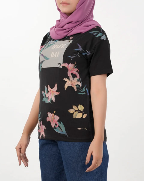 Women's Half Sleeves Printed T-Shirt - Black