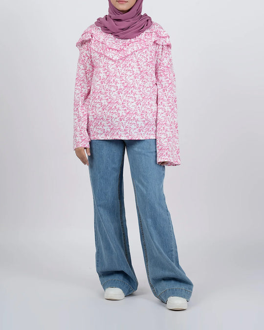 Eminent Women's Bermuda Full Sleeves Frill Top - White & Pink