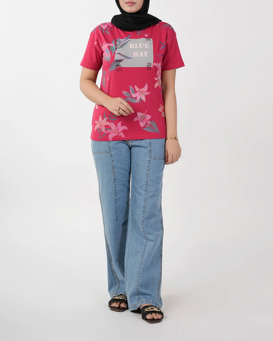 Eminent Women's Half Sleeves Printed T-Shirt - Red