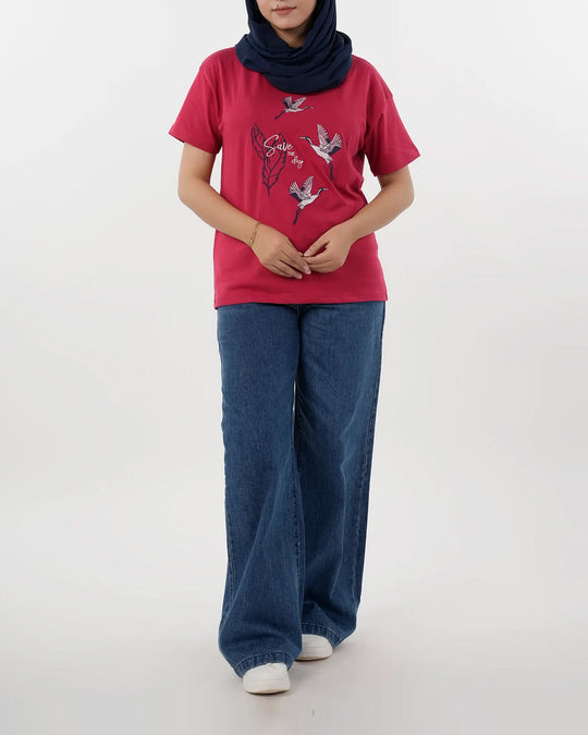 Eminent Women Printed Half Sleeves T-Shirt - Samba Red