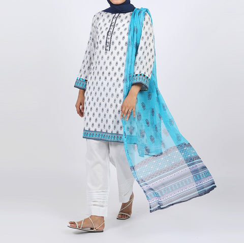 Women’s Stitched 3-Piece Cotton Suit – White & Blue, Women Shalwar Suits, Eminent, Chase Value