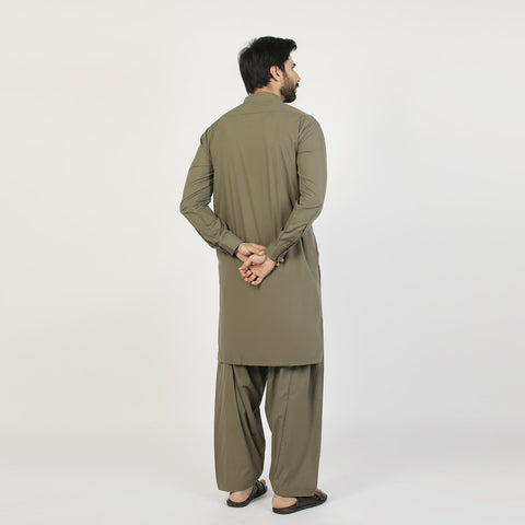 Eminent Men's Trim Fit Plain Shalwar Suits - Olive