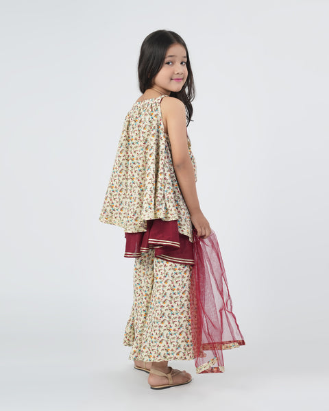 Girls' Printed Textured 3 Pcs Suit