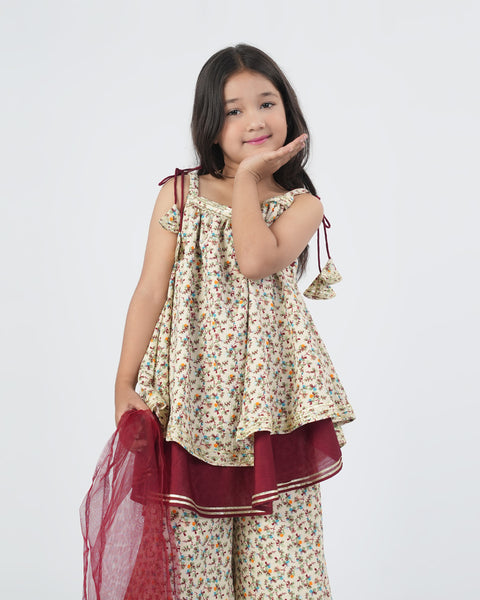 Girls' Printed Textured 3 Pcs Suit