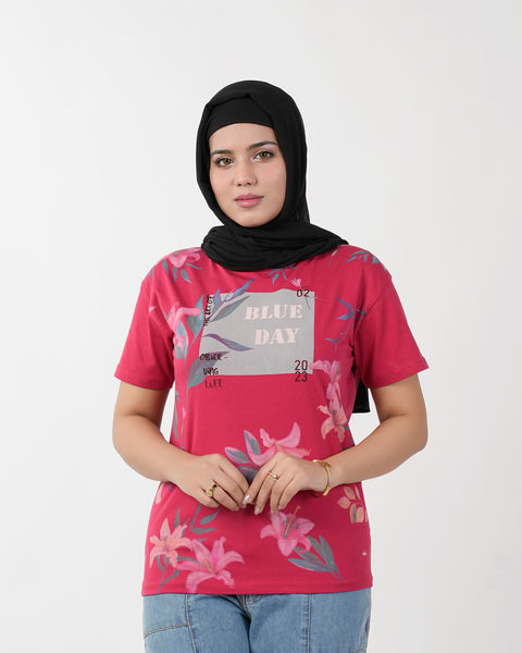 Eminent Women's Half Sleeves Printed T-Shirt - Red