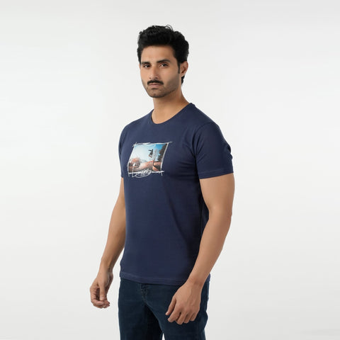 Eminent Men's Round Neck Half Sleeves Printed T-Shirt - Mid Blue, Men's T-Shirts & Polos, Eminent, Chase Value