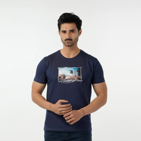Eminent Men's Round Neck Half Sleeves Printed T-Shirt - Mid Blue, Men's T-Shirts & Polos, Eminent, Chase Value