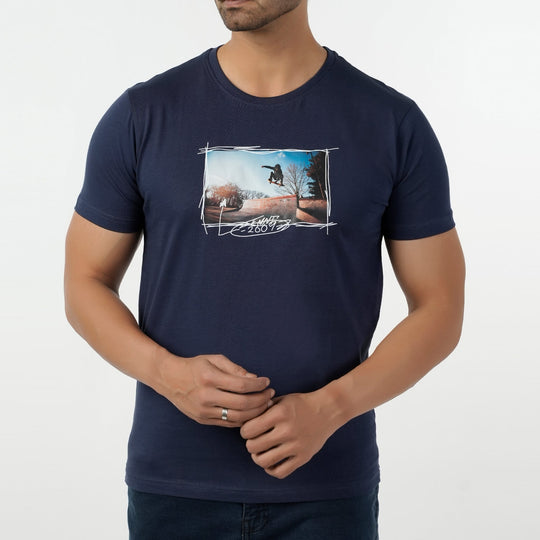 Eminent Men's Round Neck Half Sleeves Printed T-Shirt - Mid Blue, Men's T-Shirts & Polos, Eminent, Chase Value