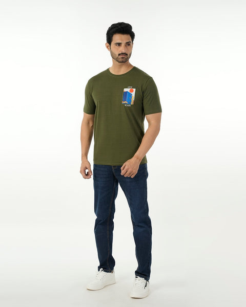 Men's Eminent Round Neck Half Sleeves Printed T-Shirt - Olive Green, Men's T-Shirts & Polos, Eminent, Chase Value