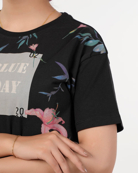 Eminent Women's Half Sleeves Printed T-Shirt - Black