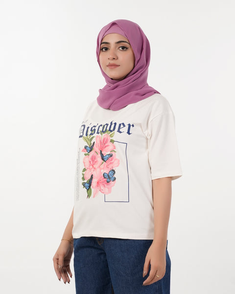 Eminent Women's Printed Half Sleeves T-Shirt - White