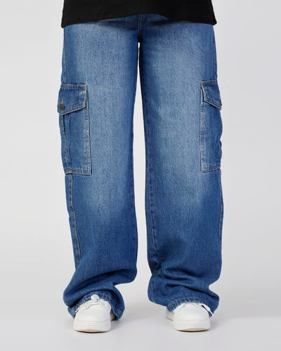 Eminent Women's Straight Cargo Denim Pant - Mid Blue