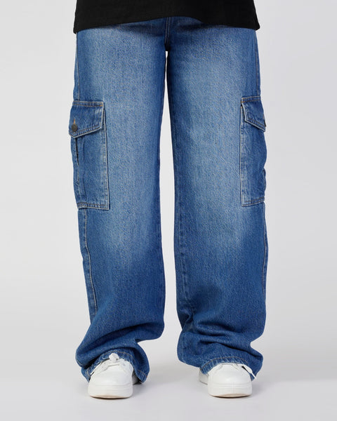 Eminent Women's Straight Cargo Denim Pant - Mid Blue