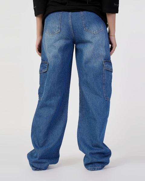 Eminent Women's Straight Cargo Denim Pant - Mid Blue