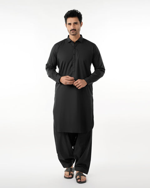 Eminent Men's Trim Fit Shalwar Suit Plain - Black