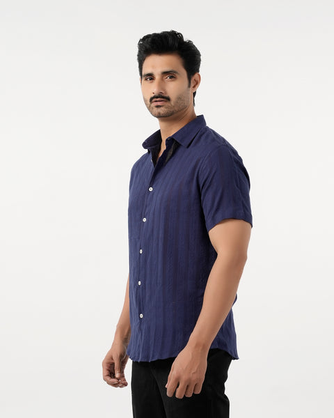 Eminent Men's Casual Half Sleeves Strip Shirt - Blue