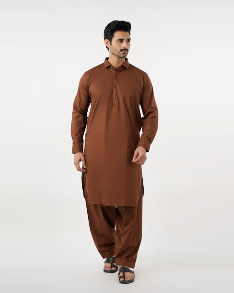 Eminent Men's Trim Fit Shalwar Suit Plain - Coffee