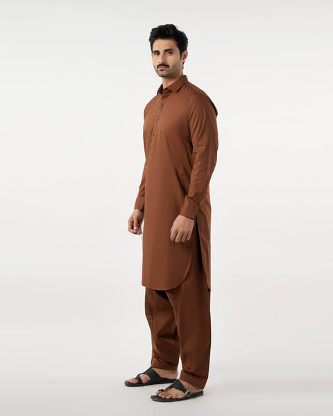 Eminent Men's Trim Fit Shalwar Suit Plain - Coffee