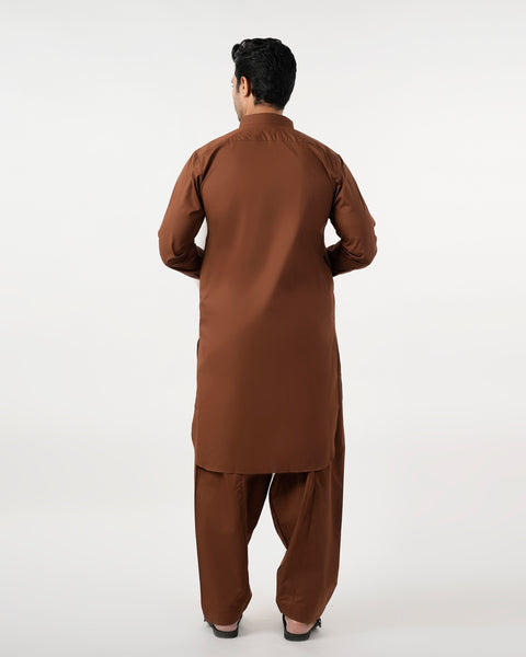 Eminent Men's Trim Fit Shalwar Suit Plain - Coffee