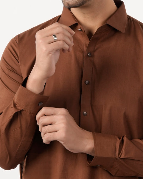 Eminent Men's Trim Fit Shalwar Suit Plain - Coffee