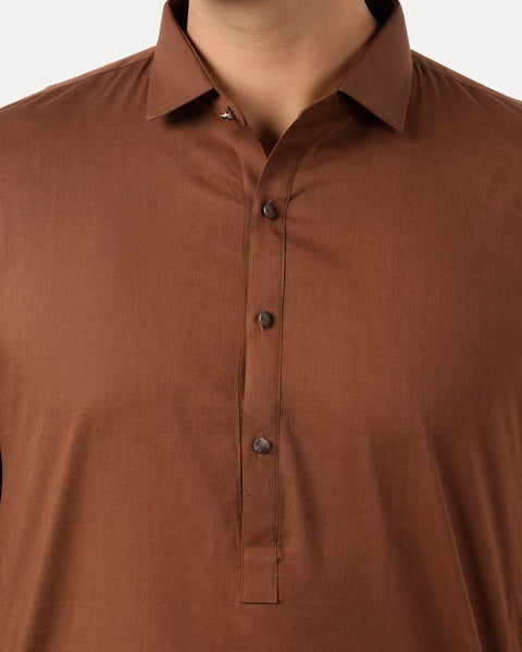 Eminent Men's Trim Fit Shalwar Suit Plain - Coffee