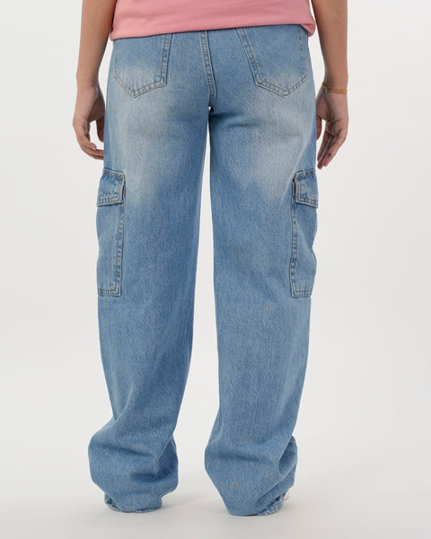 Eminent Women's Straight Cargo Denim Pant - Light Blue