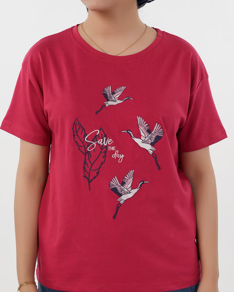 Eminent Women Printed Half Sleeves T-Shirt - Samba Red