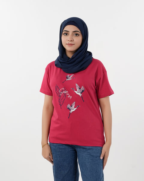 Eminent Women Printed Half Sleeves T-Shirt - Samba Red