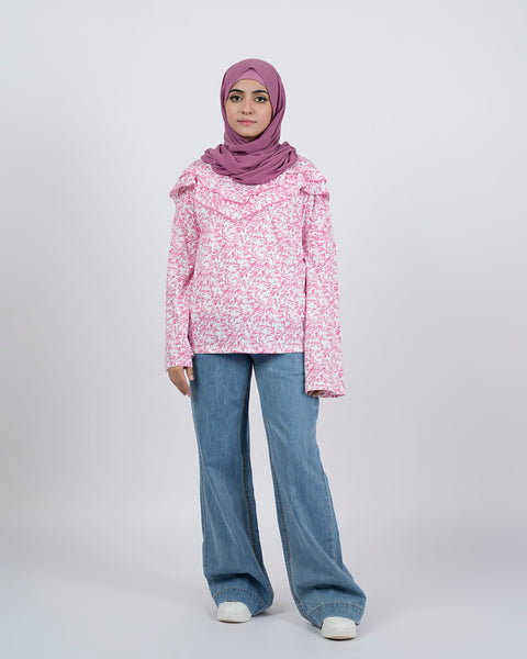 Eminent Women's Bermuda Full Sleeves Frill Top - White & Pink