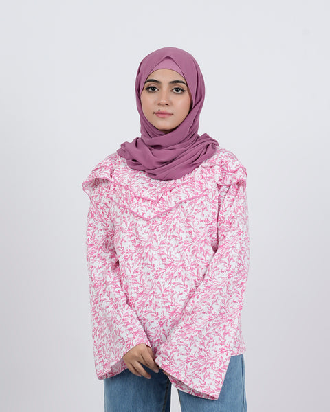 Eminent Women's Bermuda Full Sleeves Frill Top - White & Pink