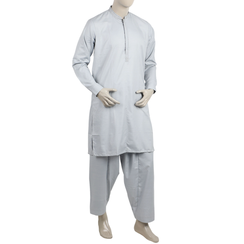 Eminent Men's Embroidered Kurta Shalwar Suit - Silver