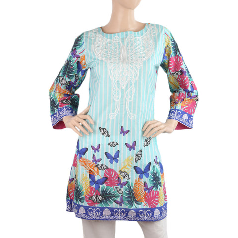 Womens Digital Printed Embroidered  Kurti 5057-D - Cyan, Women, Ready Kurtis, Eminent, Chase Value