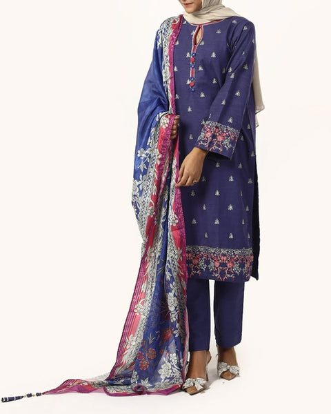 Women's Dyed Slub 3Pcs Suit - Blue