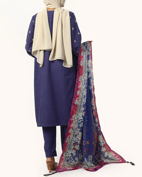 Women's Dyed Slub 3Pcs Suit - Blue