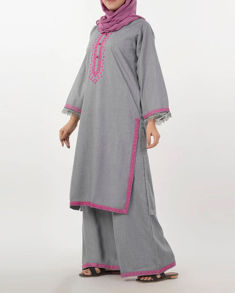 Women's Embroidered 2Pcs Stitched Suit - Grey